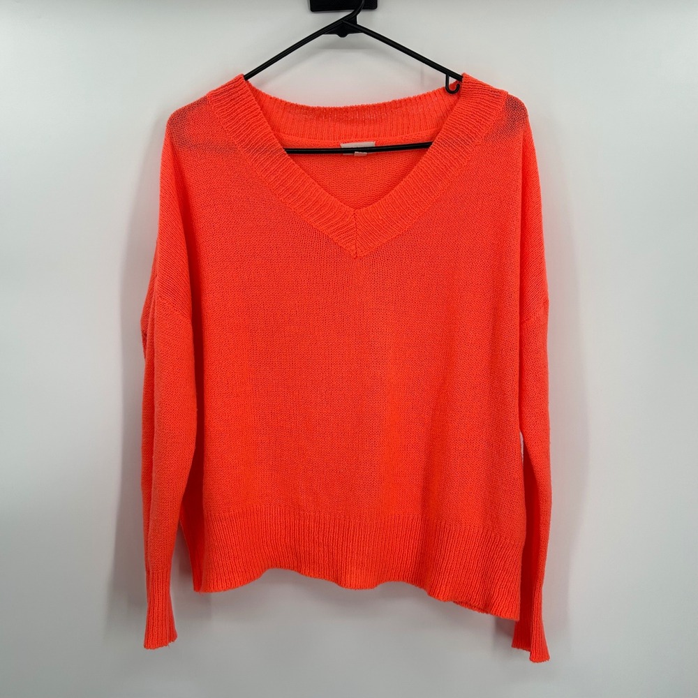 Debut Neon Orange V-Neck‎ Pullover Sweater Womens Size S/M Relaxed Fit Knit